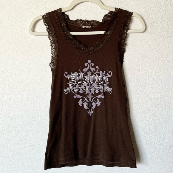Y2K 2000s mcbling chocolate brown lace Alamo tank top - Picture 1 of 3